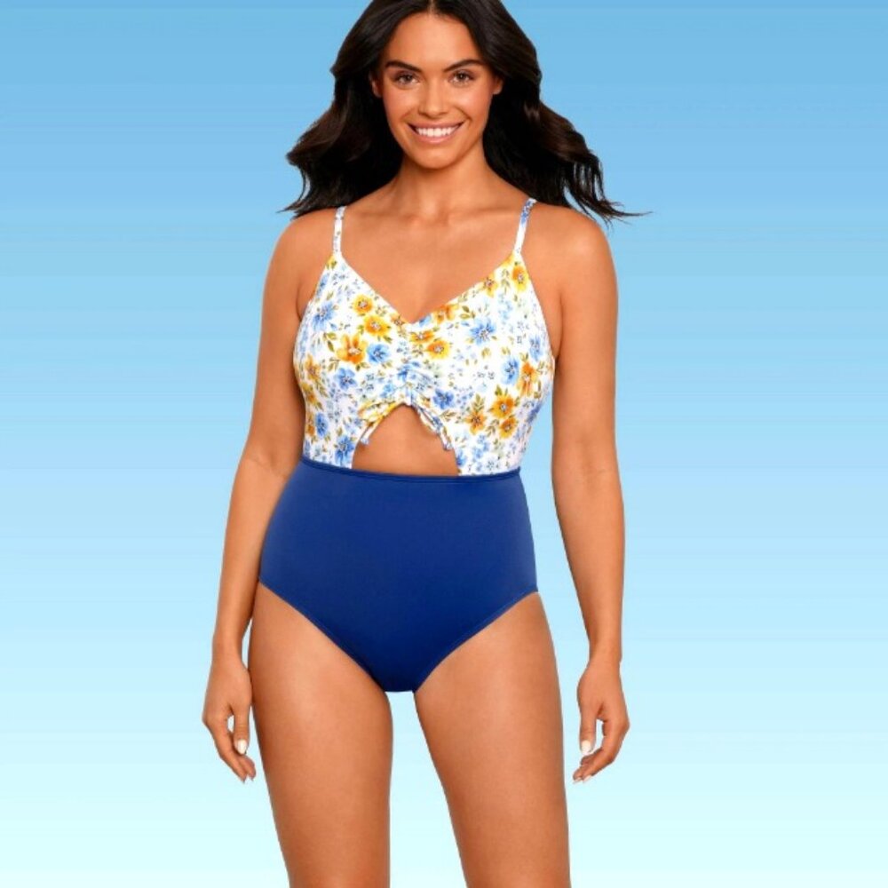 BEACH BETTY Floral Blue V-Neck Cinched One Piece Swimsuit Size Small NWT